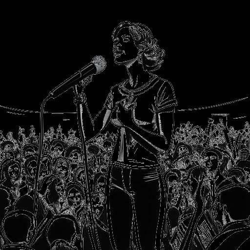 Desenho em arte linha de uma mulher representando Lena, em pé com confiança no palco com um microfone na mão, cercada por símbolos representando suas conquistas musicais. A imagem destaca o carisma e o sucesso de Lena como músico.