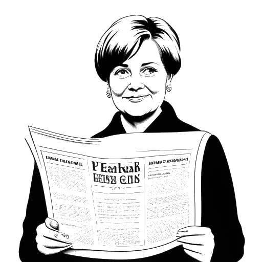 Desenho em arte linear de uma mulher representando Lena, segurando um jornal com Angela Merkel na capa.