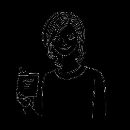 Desenho em arte linear de uma mulher representando Lena, segurando um crachá com seu sobrenome completo.