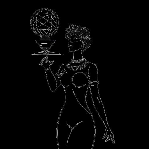 Desenho em arte linear de uma mulher representando Lena, segurando um troféu dourado com um satélite orbitando acima.