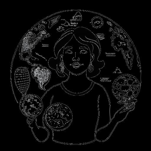 Desenho em arte linear de uma mulher representando Lena, segurando um globo com balões de fala em diferentes idiomas.