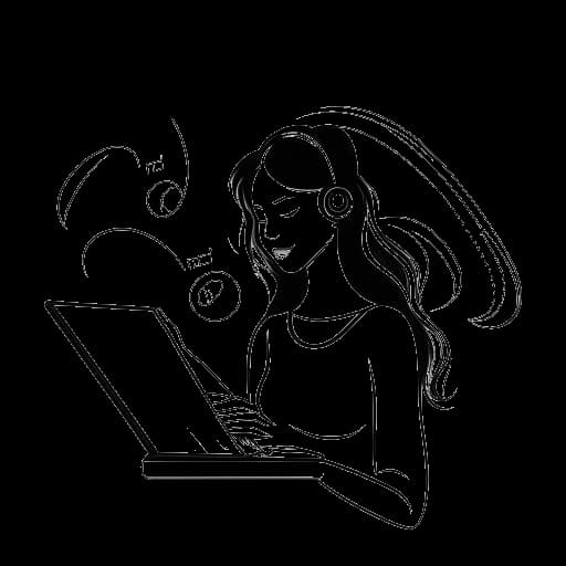Desenho em arte linear de uma mulher representando Lena, segurando três notas musicais na frente de um gráfico do iTunes em um laptop.