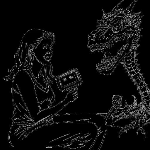 Desenho em arte linear de uma mulher representando Lena, segurando um controle remoto de TV com um zumbi e um dragão ao fundo.