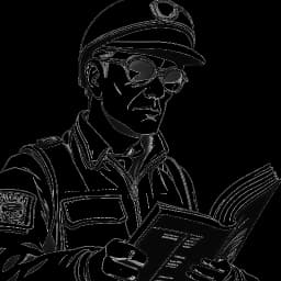 Uma ilustração de um homem refletindo a persona do Bebedor Crítico, vestido com trajes militares, absorto em sua leitura com óculos aviador realçando seu perfil, ambientado em uma mistura de cenários dos EUA e Europa Oriental.