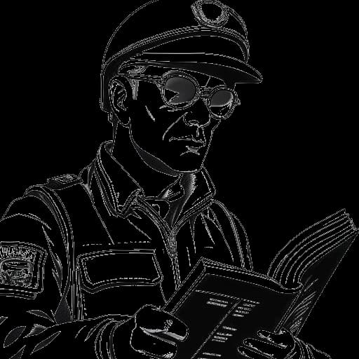 Uma ilustração de um homem refletindo a persona do Bebedor Crítico, vestido com trajes militares, absorto em sua leitura com óculos aviador realçando seu perfil, ambientado em uma mistura de cenários dos EUA e Europa Oriental.