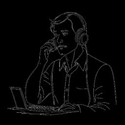 Uma ilustração de um homem representando o Bebedor Crítico, usando um fone de ouvido e conversando em uma ligação telefônica em um animado ambiente de escritório.
