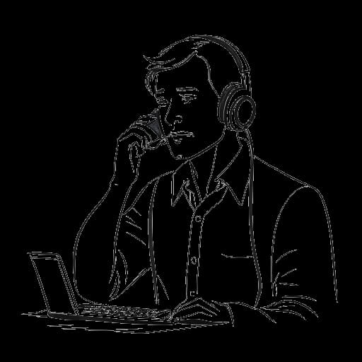 Uma ilustração de um homem representando o Bebedor Crítico, usando um fone de ouvido e conversando em uma ligação telefônica em um animado ambiente de escritório.