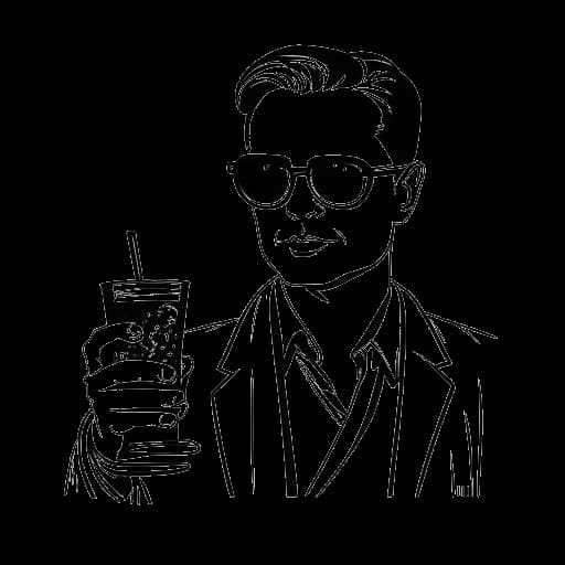 Dessin en ligne d'un homme représentant le Critical Drinker, tenant une boisson et portant de sombres lunettes aviateur. Un projecteur de cinéma est visible en arrière-plan.