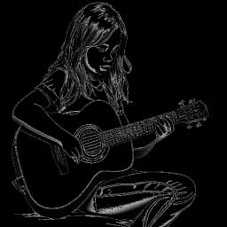 Dibujo de arte lineal de una niña joven que representa a Maren Morris, sosteniendo una guitarra con determinación y talento. La imagen en blanco y negro retrata su ascenso a la fama.