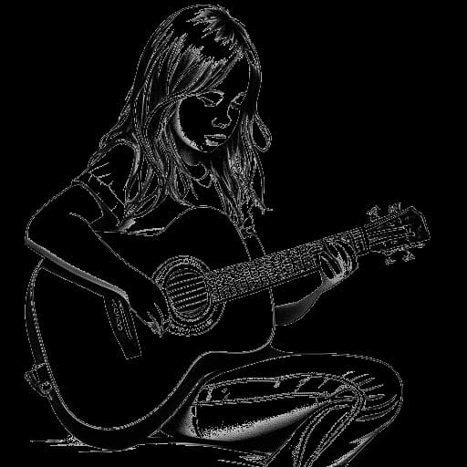 Dibujo de arte lineal de una niña joven que representa a Maren Morris, sosteniendo una guitarra con determinación y talento. La imagen en blanco y negro retrata su ascenso a la fama.