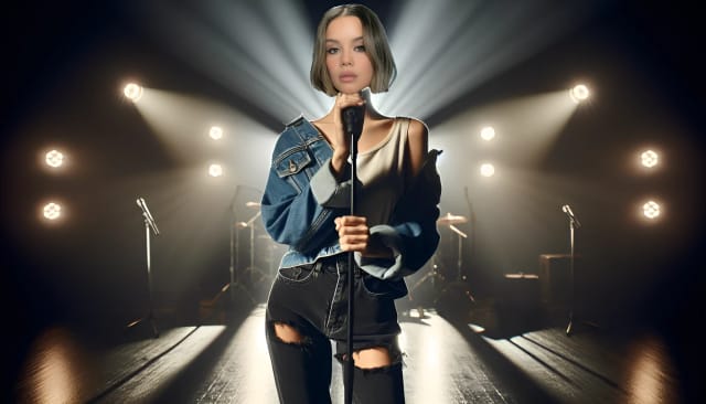 Maren Morris, a multi-talented singer-songwriter with light/medium skin, looking directly into the camera with a confident and captivating smile. The vibrant and high-resolution image showcases her genre-blending style, incorporating elements of country, pop, R&B, and rock. The setting is a visually stunning stage, with bold and colorful lights illuminating the background.