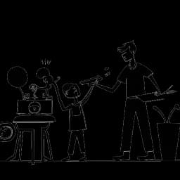 Illustration linéaire représentant 21 Savage, mettant en valeur sa vie aux multiples facettes impliquant un rôle d'acteur, la gestion d'un label discographique et la paternité avec les symboles du cinéma, de la musique et des enfants.