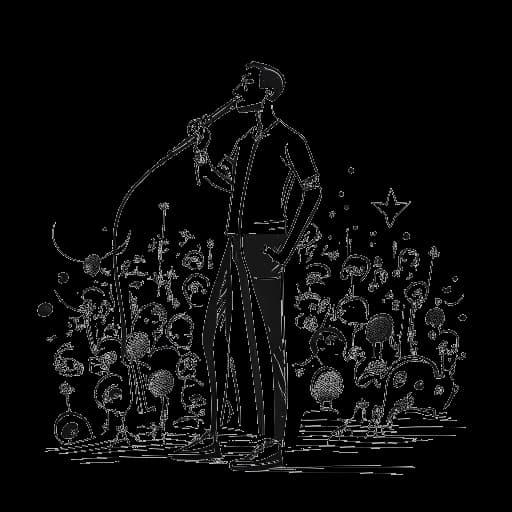 Lijntekening van een man, die 21 Savage voorstelt, energiek optredend met een microfoon en een Grammy vasthoudend, met muzieknootjes en dollartekens om hem heen, die zijn succes in muziek en zaken symboliseren, tegen een witte achtergrond.