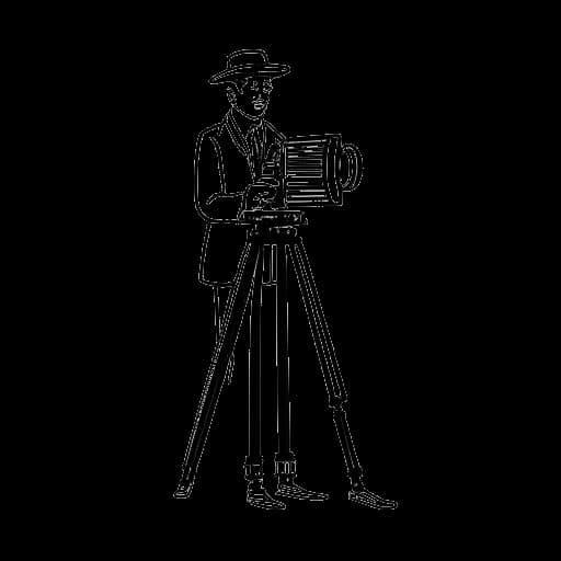 Lijntekening van een man, die 21 Savage vertegenwoordigt, die voor een filmcamera staat