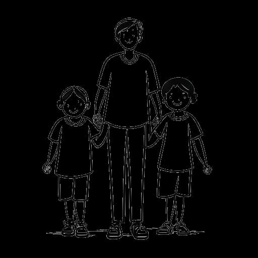 Lijntekening van een man, die 21 Savage vertegenwoordigt, die handen vasthoudt met twee jongens en een meisje