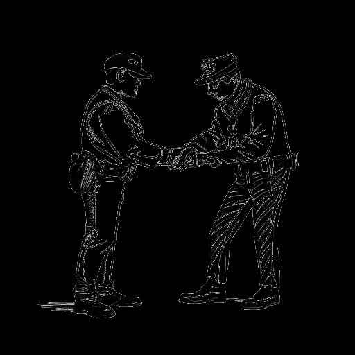 Lijntekening van een man, die 21 Savage vertegenwoordigt, die door een politieagent geboeid wordt