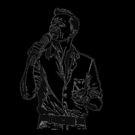 Lijntekening van een man, die 21 Savage vertegenwoordigt, die een microfoon vasthoudt met kogelgaten in zijn shirt