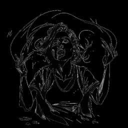 Line art drawing of a woman, embodying a lead role character in a suspenseful scene, showcasing intense emotions amidst eerie props and lighting, emphasizing her acting skills, against a white backdrop.