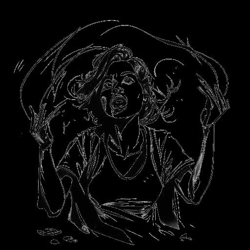 Line art drawing of a woman, embodying a lead role character in a suspenseful scene, showcasing intense emotions amidst eerie props and lighting, emphasizing her acting skills, against a white backdrop.