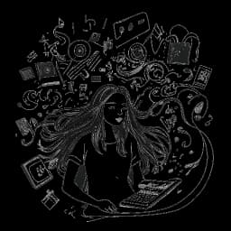 Line art drawing of a woman, representing Gabriela Bee, with long hair, surrounded by screens displaying various content, musical notes in the air, symbolizing her creative pursuits, all against a white backdrop.