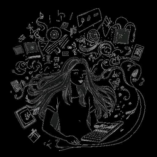 Dessin en ligne d'une femme, représentant Gabriela Bee, avec de longs cheveux, entourée d'écrans affichant divers contenus, des notes de musique dans l'air, symbolisant ses activités créatives, le tout sur un fond blanc.