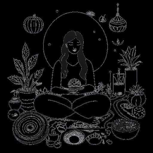 Line art drawing of a woman meditating peacefully with Japanese culinary symbols and musical instruments around, with a hint of Halloween festivity, reflecting her varied interests and daily routines, set against a white backdrop.