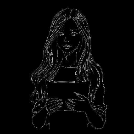 Dibujo de arte lineal de una chica, representando a Gabriela Bee, sosteniendo un guion de película