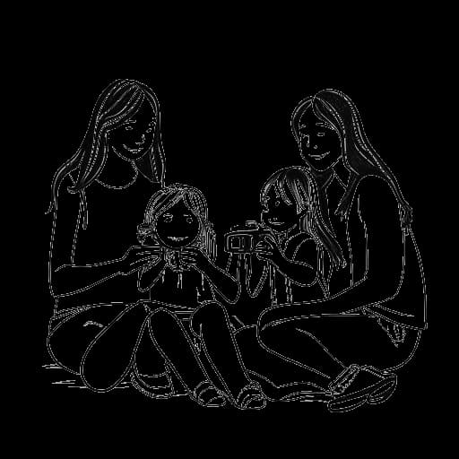 Desenho em arte linear de uma garota, representando Gabriela Bee, sentada com sua família na frente de uma câmera