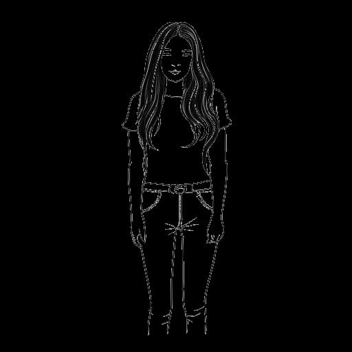 Dibujo de arte lineal de una chica, representando a Gabriela Bee, vistiendo una camiseta amarilla, de pie contra una cinta métrica