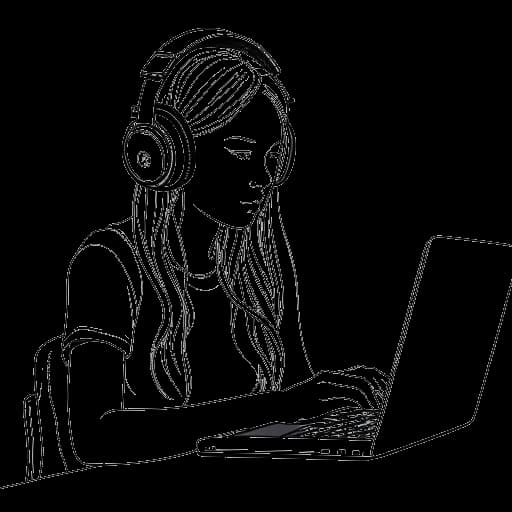 Dibujo de arte lineal de una chica, representando a Gabriela Bee, sentada en una computadora con auriculares