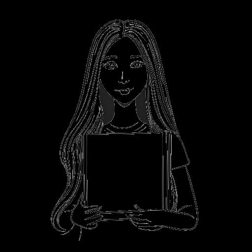 Dibujo de arte lineal de una chica, representando a Gabriela Bee, sosteniendo una placa de lista musical