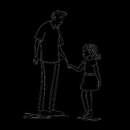 Line art imagery of Funny Marco as a content man in a fatherly pose holding hands with his daughter, providing a snapshot of bonding, isolated on a white ground.