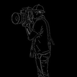 Line art representation of Funny Marco as a man with a camera filming engaging street activities, set against a white backdrop.