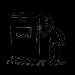 Line drawing representing Funny Marco with a cautious demeanor orchestrating a prank in a safe setting, placed against a white background.