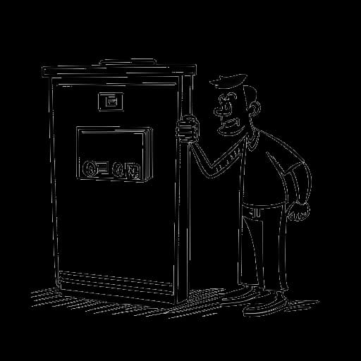 Line drawing representing Funny Marco with a cautious demeanor orchestrating a prank in a safe setting, placed against a white background.