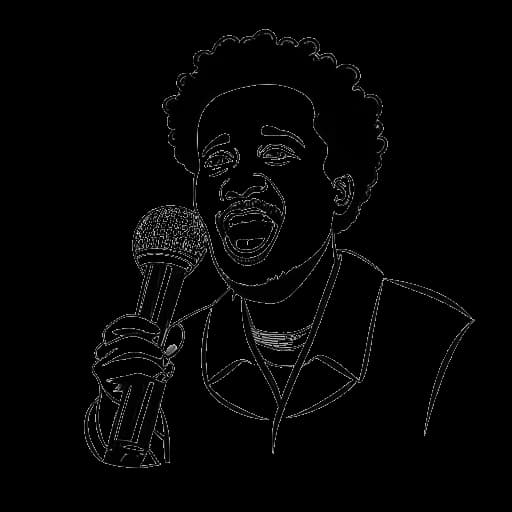 Line art drawing of a man, representing Funny Marco, holding a microphone, with 'Orlando Brown' written in a speech bubble above.