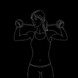 Strichzeichnung einer Frau, die Pamela Reif darstellt, die ein Fitness-Workout macht, Hanteln gegen einen weißen Hintergrund haltend.