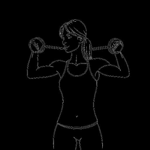Strichzeichnung einer Frau, die Pamela Reif darstellt, die ein Fitness-Workout macht, Hanteln gegen einen weißen Hintergrund haltend.