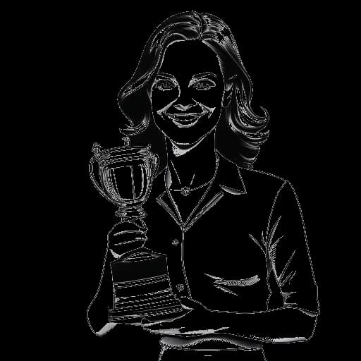 Line art drawing of a woman, representing Pamela Reif, holding a trophy, with a Forbes magazine cover and the '30 Under 30 DACH' logo in the background