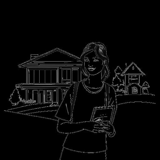 Line art drawing of a woman, representing Pamela Reif, holding a blueprint, with images of holiday homes and vacation regions in the background