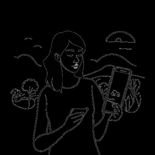 Line art drawing of a woman, representing Pamela Reif, holding a smartphone displaying images of landscapes, food, and fitness