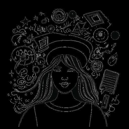 Line art drawing of a woman, representing Pamela Reif, wearing a graduation cap, with numerous social media icons swirling around her