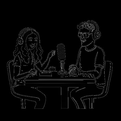 Line art drawing of a woman and her brother, representing Pamela Reif and Dennis, sitting at a table with microphones, with the 'Schaumermal' podcast logo in the background