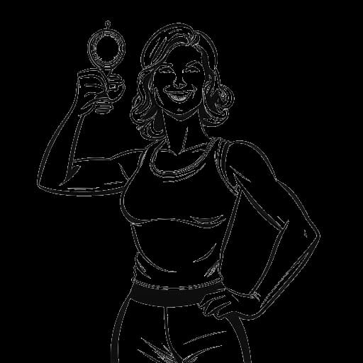 Line art drawing of a woman, representing Becky Lynch, confidently holding a championship belt with a triumphant expression.