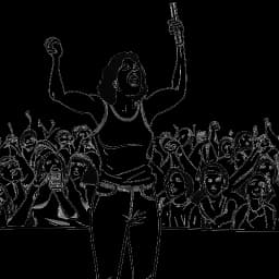 Line art drawing of a woman, representing Becky Lynch, holding a microphone and exuding determination, standing in a wrestling ring surrounded by cheering fans.