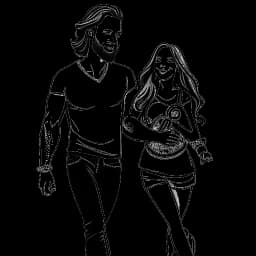 Line art drawing of Becky Lynch and Seth Rollins, a happy couple, holding hands, with a baby carriage beside them.