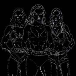 Line art drawing of a woman, representing Becky Lynch, standing tall in the center of a wrestling ring, with Ronda Rousey and Charlotte Flair on each side.
