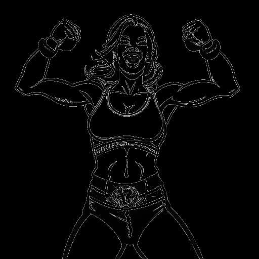 Desenho de arte em linha de uma mulher, representando Becky Lynch, segurando confiantemente um cinturão de campeã enquanto veste trajes de luta. Sucesso e determinação irradiam dela enquanto ela exala a essência de sua carreira na luta livre e prosperidade financeira.