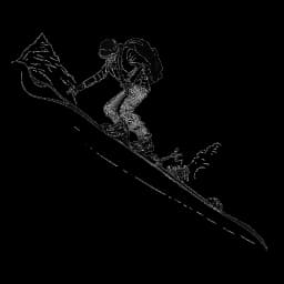 Dessin en ligne d'un homme, représentant Jake Paul, faisant du snowboard sur une pente de montagne, avec une caméra accrochée à son cou, capturant le moment palpitant, le tout sur fond blanc.