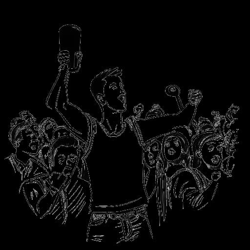 Dessin en ligne d'un homme, représentant Jake Paul, portant un gant de boxe à une main et tenant une caméra de l'autre main, se tenant devant une foule de fans en liesse, le tout sur fond blanc.